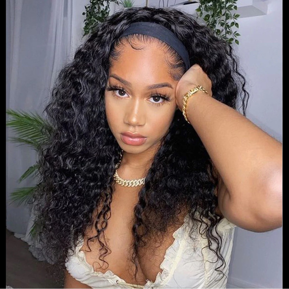 100% Human hair wig Brazilian water wave Headband wig 20”
